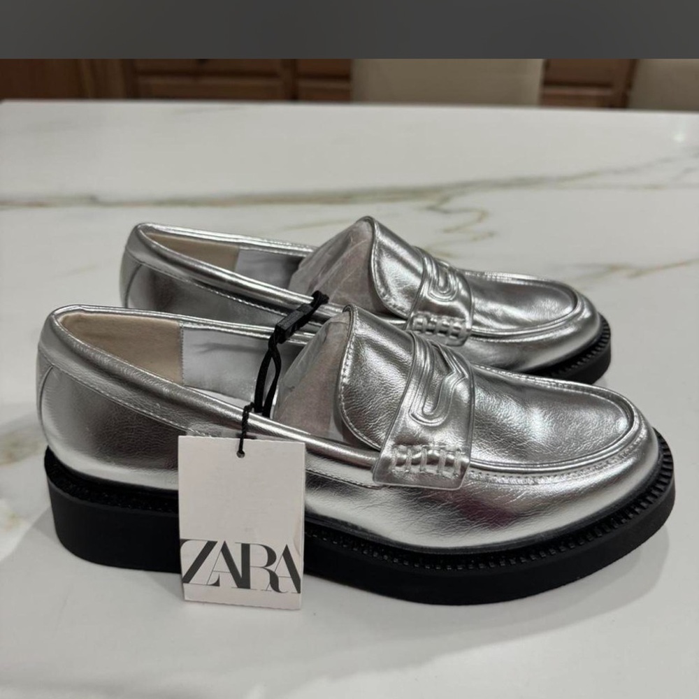 Zara Metallic Silver Loafers